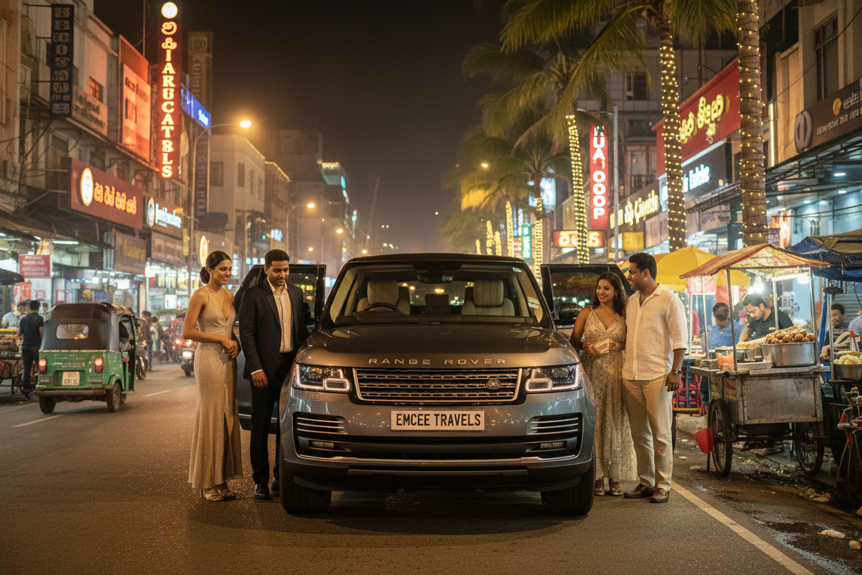 a range rover jeep people getting into the car in a sri lanka night life background also make the number plate of the car emcee travels